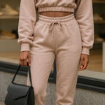 Zenana 2 Pcs Crop Sweatshirt Tracksuit Jogger Pants Set Outfit Active Loungewear Pale Peach Size Large Photo 0