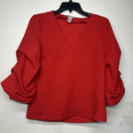 H&M Women's Red V-Neck Blouse Puff Sleeve Top Size 2 Dressy Casual Photo 0