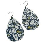 Handmade Genuine Leather Navy Poppy Floral Boho Teardrop Earrings 2.25" Photo 0