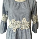 Hannah Blue Stripe Lace Detail Bell Sleeve Peplum Top, Sz M Size M Photo 7