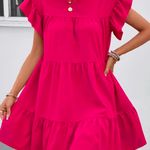 Solid Crew Neck Tiered Dress Pink Photo 3