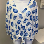 NWT Tamara H Blue and White Seashell Print Tied Button Up Women's Top Size LG Photo 0