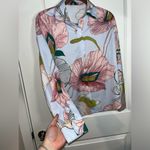 SheIn Silky Button Up Pink All Over Print Floral Collared Blouse Size Small Photo 5