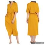Rokoko Button Front Tie Waist Short Sleeve Midi Dress Pocket Mustard Yellow Sz M Photo 1