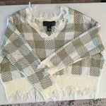 Polly & Esther  V-Neck Checkered Cropped Sweater - Olive and Cream Photo 0