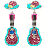 Guitar Earrings Beaded Rhinestone Dangle Drop Western Cowboy Hat New Pink Photo 0