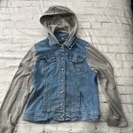 Live a Little Vintage Denim Hoodie Jean Jacket Women’s XL Gray Knit Sleeves Blue Photo 0