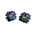 Vtg Gold Tone Enamel Cloisonne Flower Brooch Earrings Blue Green Floral Estate Photo 4
