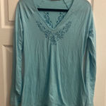 Athleta ‎ blue long sleeve embroidered detail yoga top size M Photo 0
