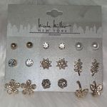Nicole Miller New York NWT 9-Pair Fancy Earring Set Gold Color Rhinestone Pearl Photo 2