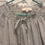 Loft  Women's Blouse Top L‎ White Black Square Dot Tie Neck Long Sleeve Career Photo 1