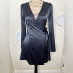 Lulus NTM: Lulu’s Festive Forever Black Satin Long Sleeve Mini Wrap Dress in Size XS Photo 3