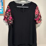 Black short sleeve top with floral sleeves Size L Photo 0