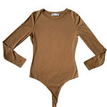 Elodie Tan Ribbed Crewneck Long Sleeve Thong Bodysuit NWOT Photo 0