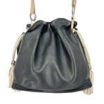 Brighton Black Leather Bucket Slouch Bag White Tassels Silver Charms Photo 0