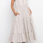 Petal and Pup  Women's Tan White Striped V-Neck Sleeveless Tiered Midi Dress Size 8 Photo 0