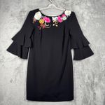 Trina Turk  Black Dress Size 2 Floral Embroidered Ruffle Sleeve Cocktail Photo 1