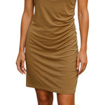 BP NWT . One Shoulder Ruched Mini Ribbed Knit Dress in Organic Tan Cotton Large Photo 0