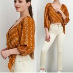 BCBG Paris Cropped 3/4 Puff Sleeves V Neck Fall Floral Wrap Shirt Top Blouse XL Gold Photo 2