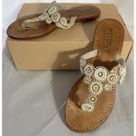 MYSTIQUE White Gold Beaded Pearl Boho Leather Thong Sandals Flip Flop Sz 8 Photo 0