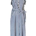 Blush J Striped Jumpsuit Blue White Chambray Sleeveless Belted Crop Medium EUC Photo 3