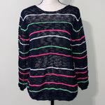 Poof! POOF medium black knit crochet sweater with neon pink and green stripes Photo 1