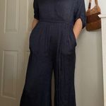 Anthropologie Maeve Jacqueline Jacquard satin leopard print wide leg jumpsuit size xsmall blue Photo 2