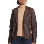 Chico's Chocolate Brown Open Front Faux Leather Lined Jacket Gold Studded Size 1 Photo 0