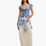 Free People NEW  Call Me Baby Cap Sleeve Button-Up Shirt L BLUE QUARTZ - DAISY Photo 5