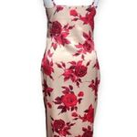 Women’s Satin Beige Red Floral Print Sleeveless Midi Dress Size L Photo 3
