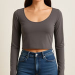 Almere Long Sleeve Scoop Neck Crop Top Gray Size L Size L Photo 0