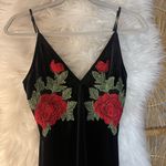 Black Velvet Bodycon V Neck Spaghetti Strap Dress w Red Floral Embroidery 🌹Goth Photo 4