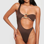 Adoraswim one piece swimsuit brown o ring gold cutout cheeky high leg Photo 0