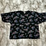 Vintage 80’s Knit Sz M Black Pop Over Cropped Top Shoulder Pads Floral Pattern Blue Size M Photo 1