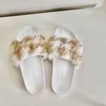 Fuzzy Beige and White Slides Size 9 Photo 1