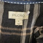 Anthropologie  Pilcro Ruffled Buttondown Shirt in a black, cream, and pink plaid Photo 8
