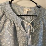 Joie  Embroidered Floral Linen Blend Tassel Tie-Neck Blouse Blue/White Medium Photo 3