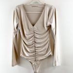 Abercrombie & Fitch Long-Sleeve Ruched V-Neck Bodysuit Cream Medium Photo 0