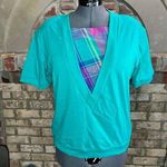 Jantzen T-shirt V neck plaid 1980s shoulder pads teal purple Photo 0