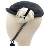 Vintage 50s Tilt Hat Black & Cream Straw Close Style Fascinator Black Mesh Veil Photo 8