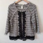 Chico's Chico’s Fringe Lace Wool Blend Cardigan Jacket Size 2 L Black & White Office Photo 0