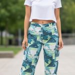 Forever 21 Cargo Pants Womens Small Teal Green Abstract Wide Leg Utility Y2K Photo 0