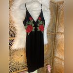 Black Velvet Bodycon V Neck Spaghetti Strap Dress w Red Floral Embroidery 🌹Goth Photo 2