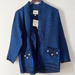 Koton Blue/Black Plaid Tweed Midi Lightweight Coat Formal Pearl Accents NEW Blue Size M Photo 0