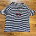 Gerard Darel Womens 2 Black White Striped Red Print Linen Short Sleeve T Photo 2