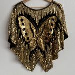 Vintage 70s Gold Black Silk Sequin Beaded Butterfly Boho Disco V Neck Drape Top Photo 6