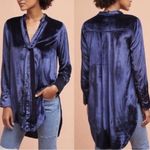 Maeve Anthropologie  Tie Neck Crushed Velvet Navy Blue Blouse High Low Photo 1