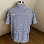 Quacker Factory  Shirt Womens Medium Blue Gingham Crab Jeweled Print Button Up Photo 6