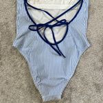 J.Crew Women’s One Piece Striped Swimsuit V-Neck Strappy Back Coastal Blue 4 Photo 7