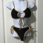 SheIn Bikini Swimsuit Black/Brown Trim Cutout Side And Front Ties Small New Photo 0